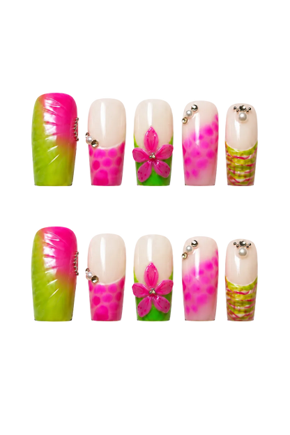 Tropical Bloom colorful floral reusable press-on nails