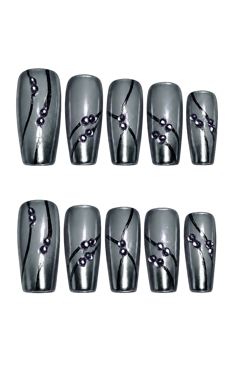 SMOKE WAVE - smoky silver gray chrome nails with black flowing lines and violet 3D bead accents, product image 6 of 8