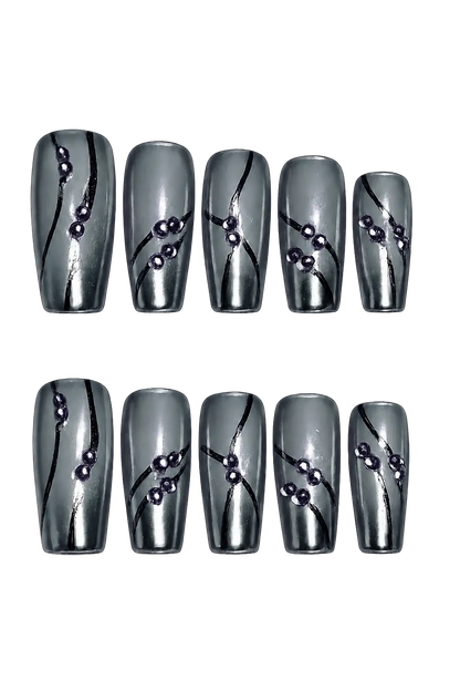 SMOKE WAVE - smoky silver gray chrome nails with black flowing lines and violet 3D bead accents, product image 6 of 8