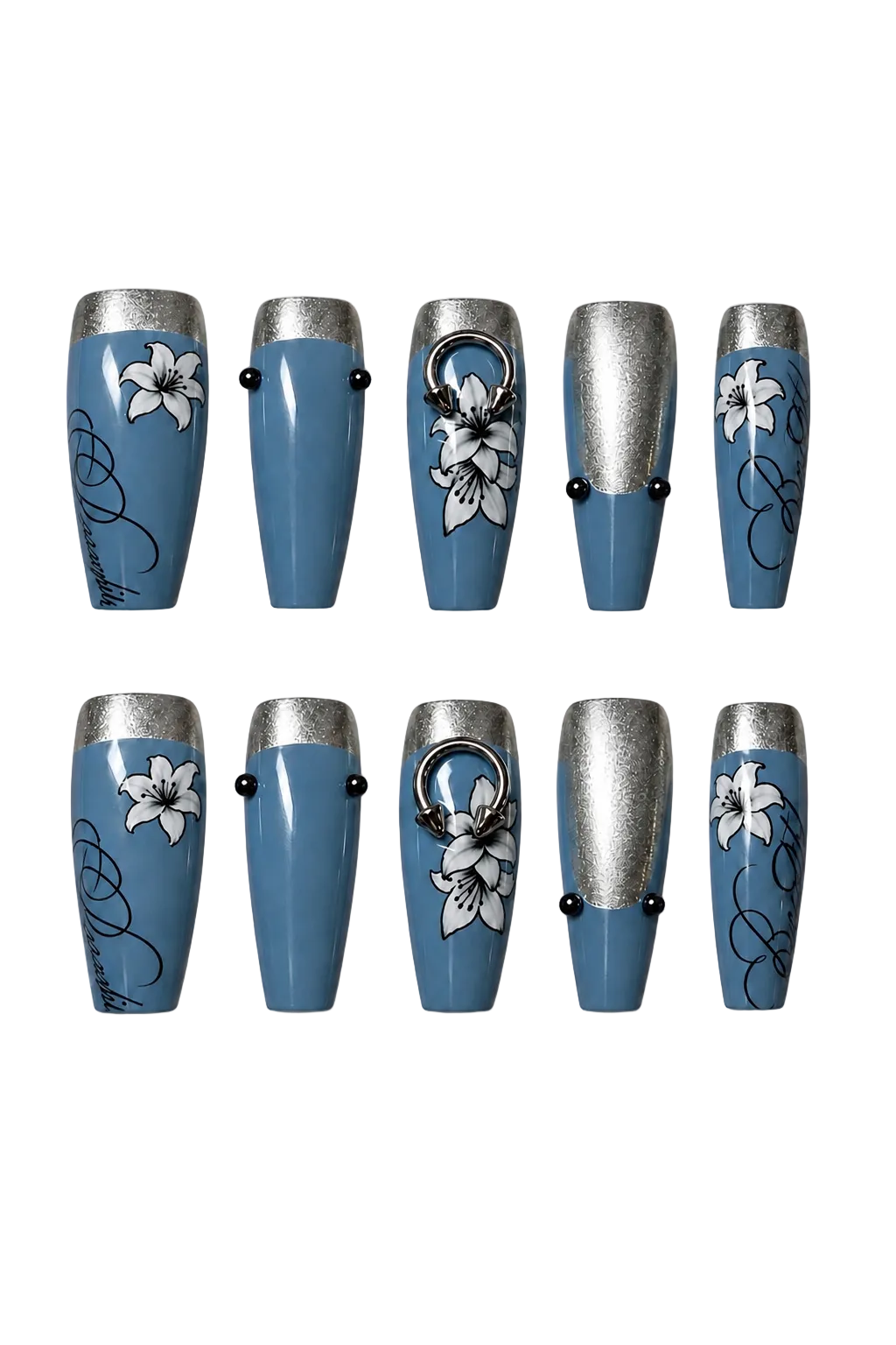STEEL LILY steel blue floral design reusable gel press-on nails - image 6 of 9