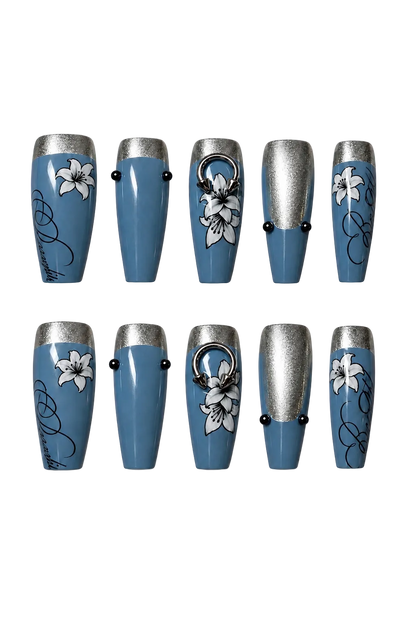 STEEL LILY steel blue floral design reusable gel press-on nails - image 6 of 9