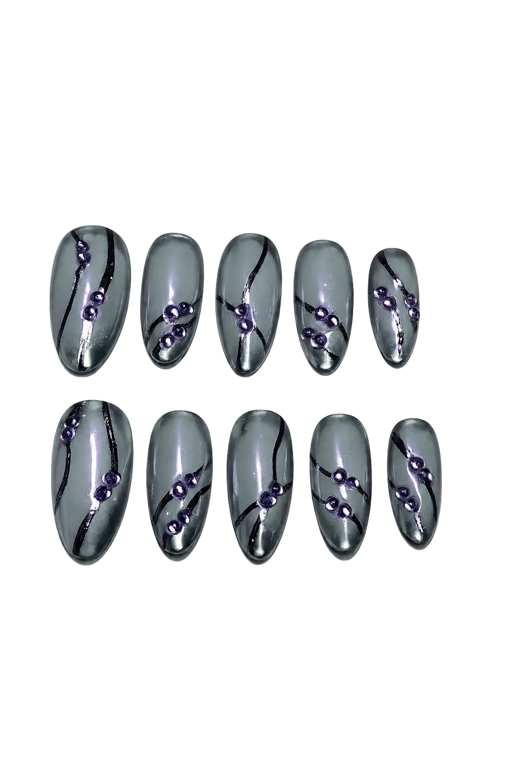SMOKE WAVE - smoky silver gray chrome nails with black flowing lines and violet 3D bead accents, product image 2 of 8