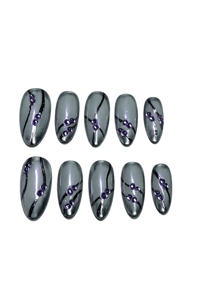 SMOKE WAVE - smoky silver gray chrome nails with black flowing lines and violet 3D bead accents, product image 2 of 8