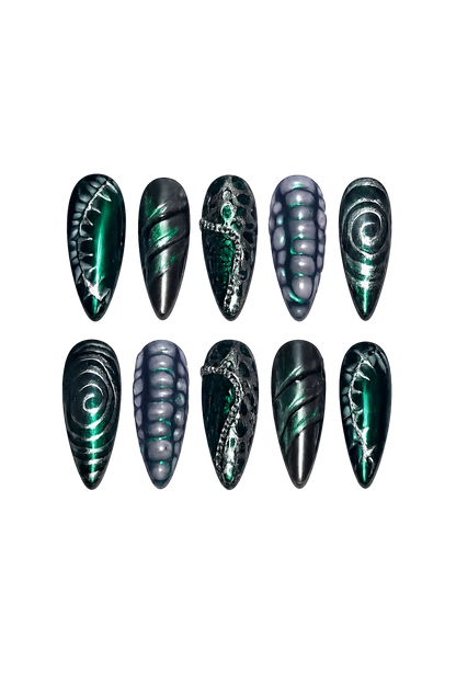 Obsidian Reef gothic midnight black shimmer handmade reusable press-on nails