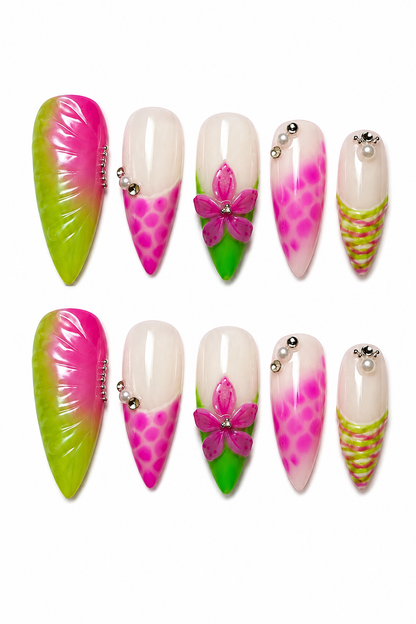 Tropical Bloom colorful floral reusable press-on nails