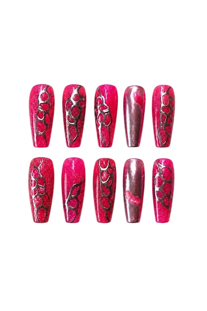 Raspberry Lava vibrant dark red shimmer handmade reusable press-on nails