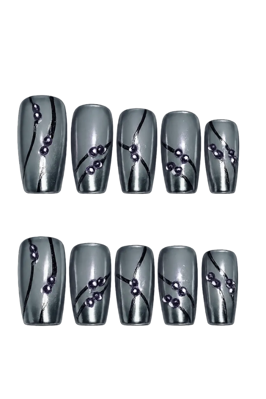 SMOKE WAVE - smoky silver gray chrome nails with black flowing lines and violet 3D bead accents, product image 5 of 8