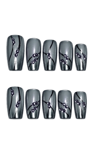 SMOKE WAVE - smoky silver gray chrome nails with black flowing lines and violet 3D bead accents, product image 5 of 8
