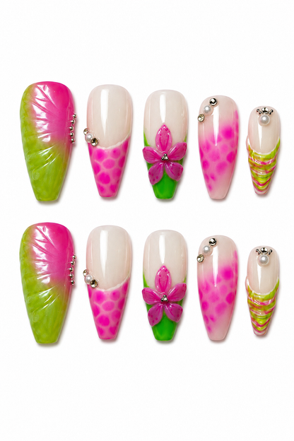 Tropical Bloom colorful floral reusable press-on nails