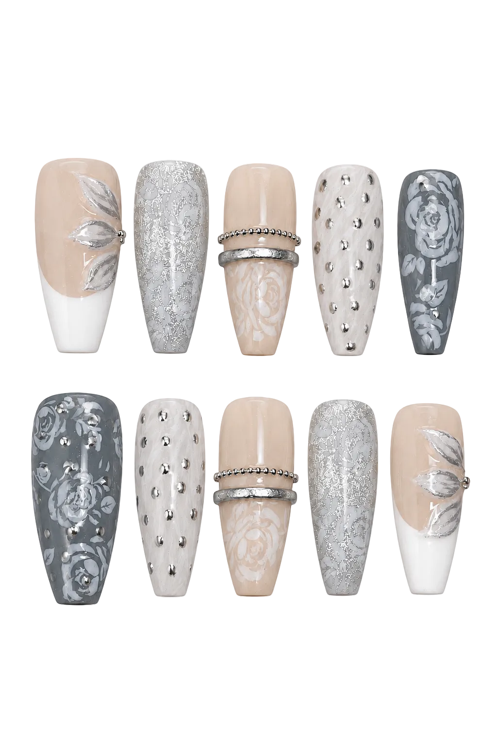 Silver Bloom Garden handmade gel press-on nails with silver floral design