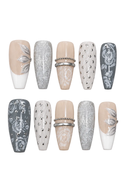 Silver Bloom Garden handmade gel press-on nails with silver floral design