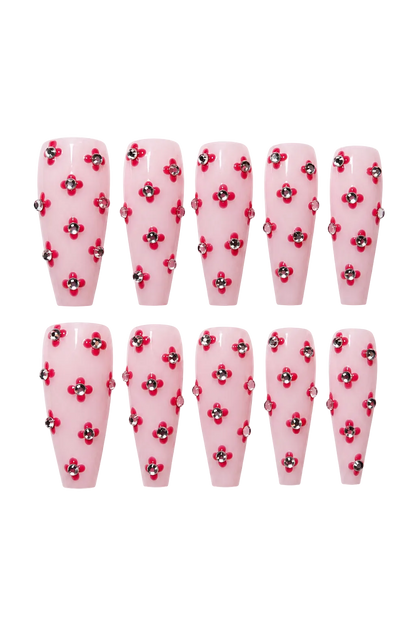 Rosy Crystal elegant soft pink glitter handmade reusable press-on nails