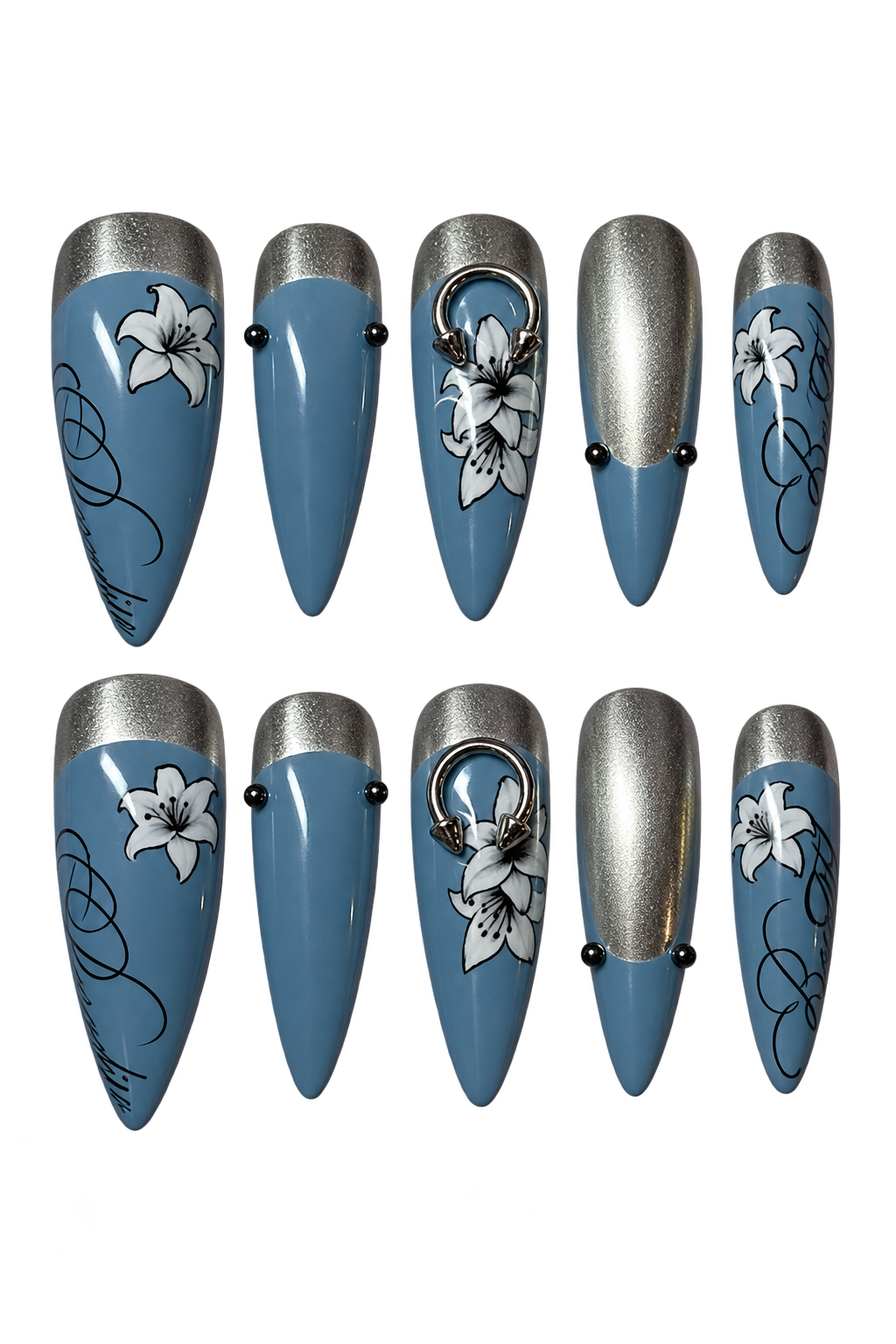STEEL LILY steel blue floral design reusable gel press-on nails - image 1 of 9