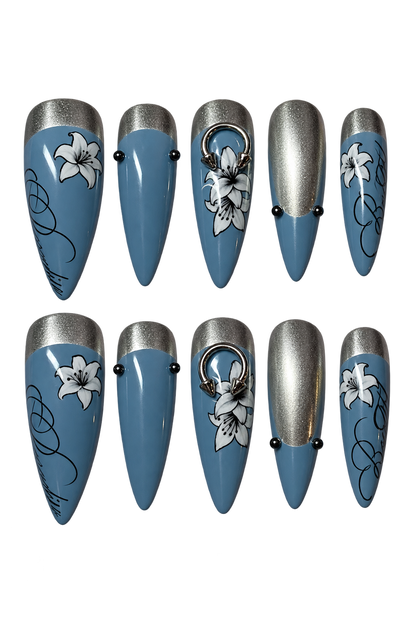 STEEL LILY steel blue floral design reusable gel press-on nails - image 1 of 9