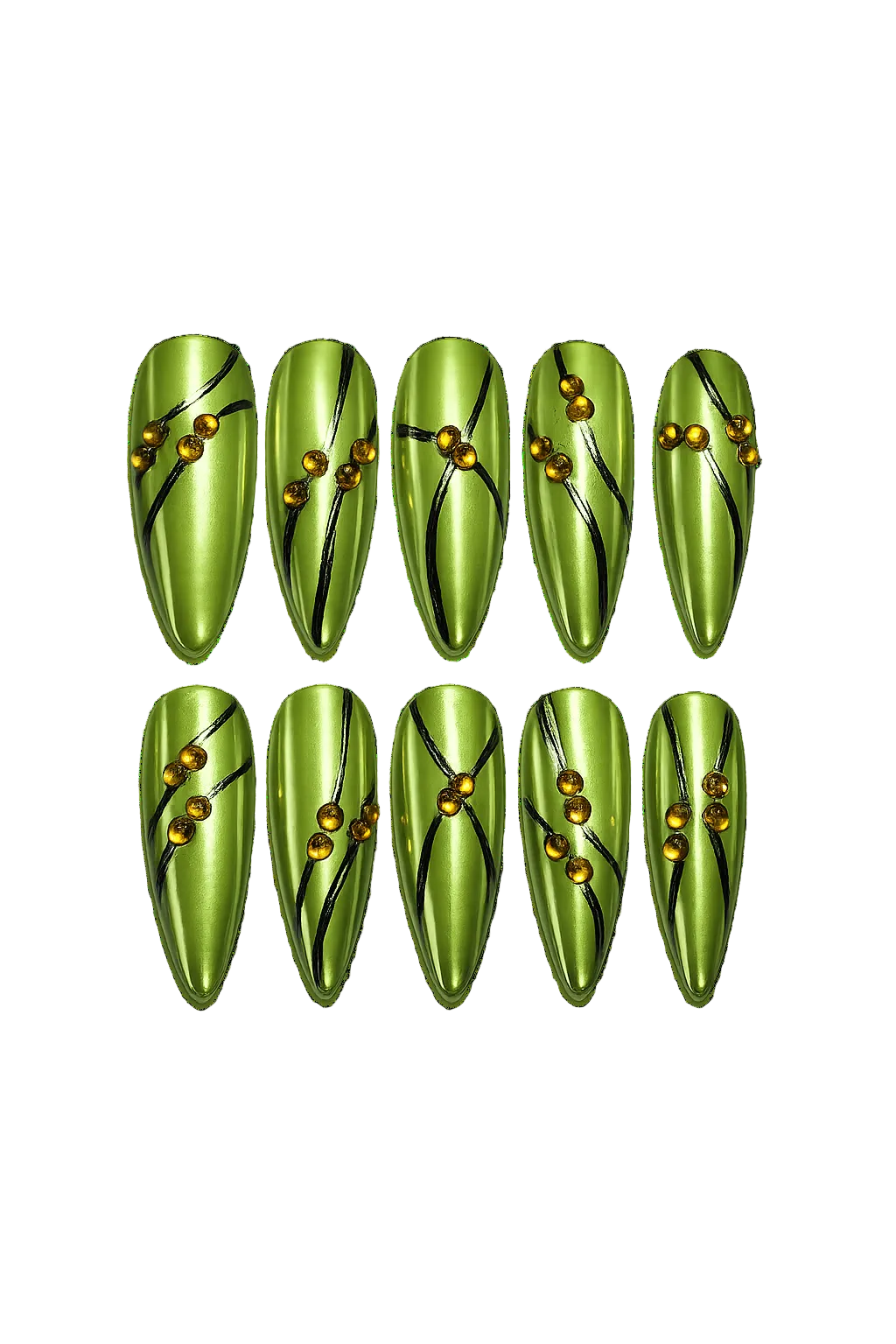 SOLAR PULSE - lime green chrome nails with black flowing lines and amber 3D bead accents, product image 3 of 9