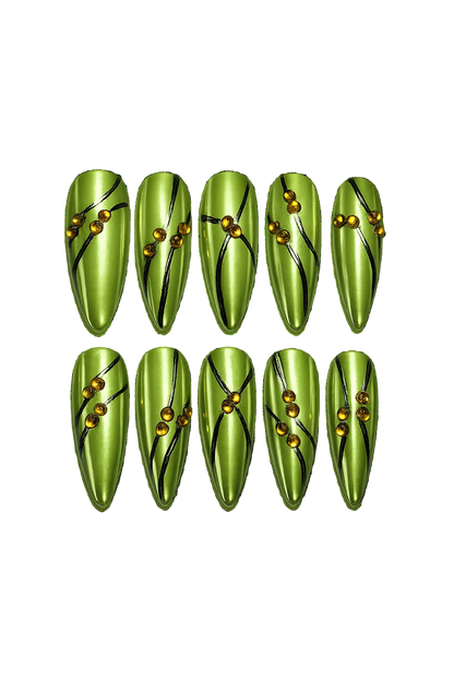 SOLAR PULSE - lime green chrome nails with black flowing lines and amber 3D bead accents, product image 3 of 9