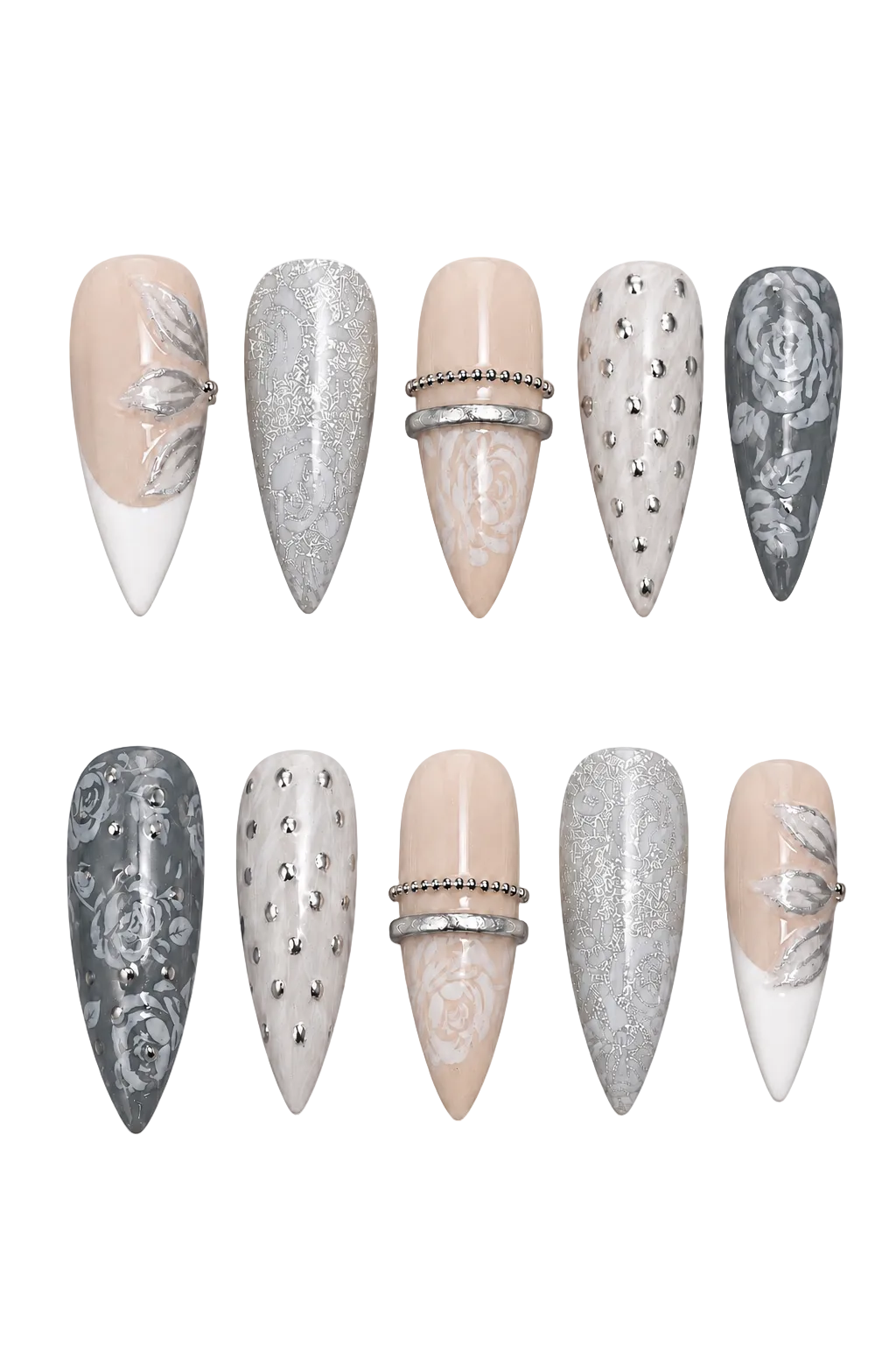 Silver Bloom Garden handmade gel press-on nails with silver floral design