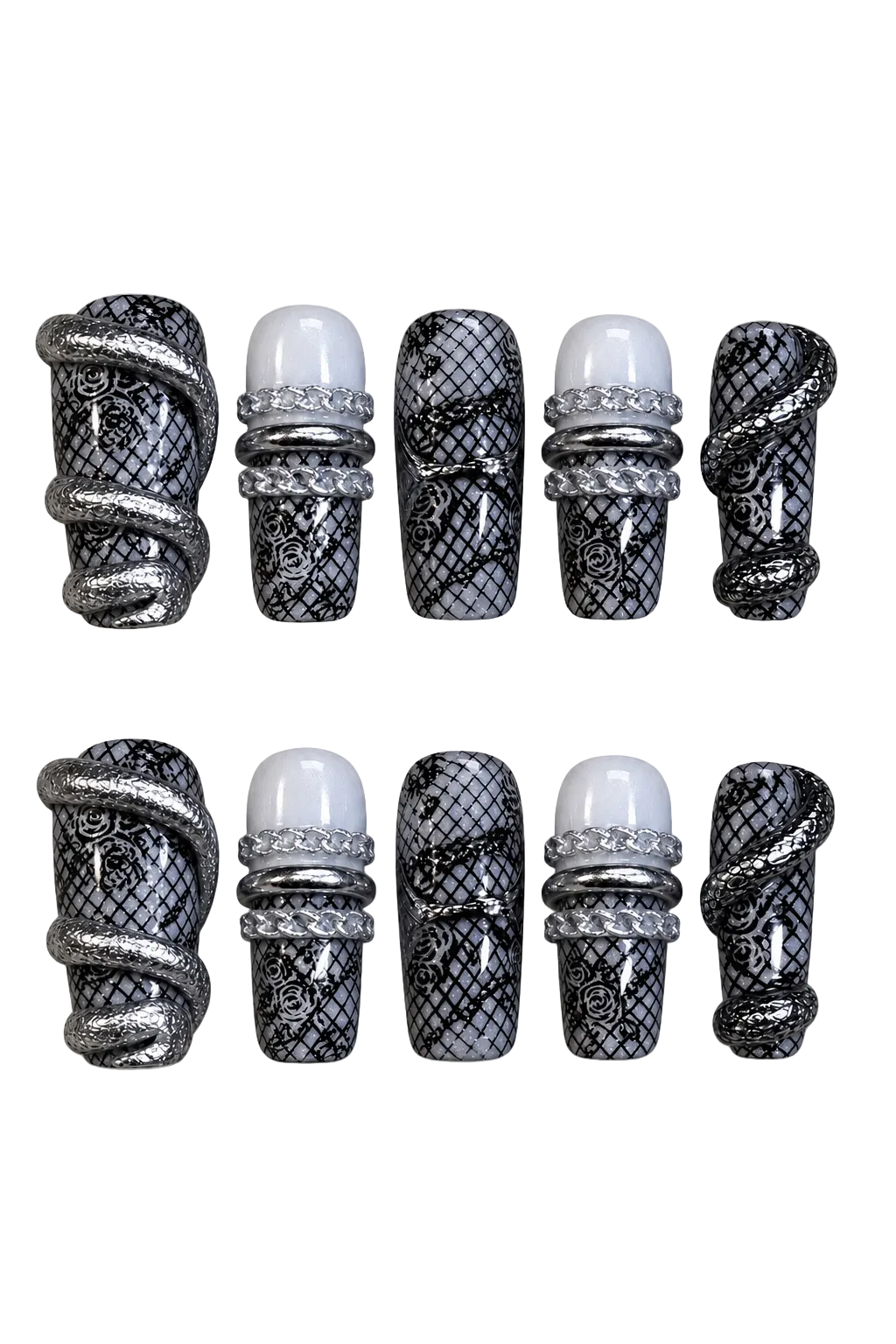 VENOM LACE silver and black gothic press-on nails with 3D snake and lace details - set view 1