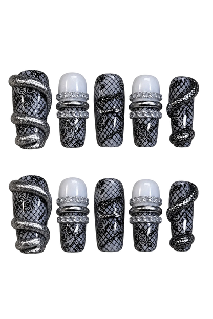 VENOM LACE silver and black gothic press-on nails with 3D snake and lace details - set view 1