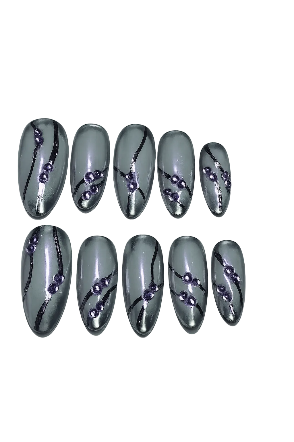 SMOKE WAVE - smoky silver gray chrome nails with black flowing lines and violet 3D bead accents, product image 1 of 8
