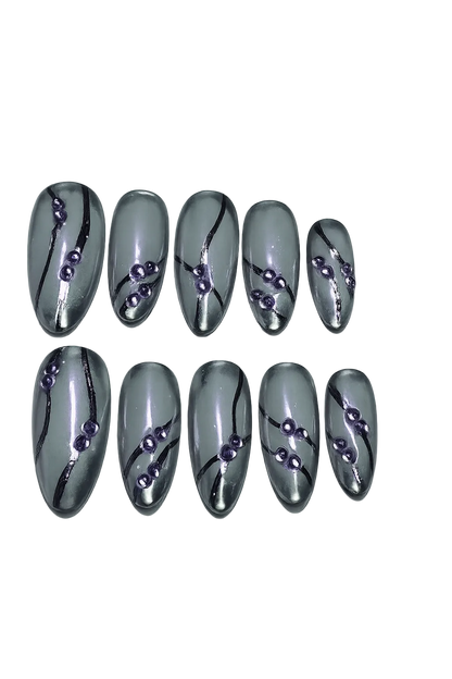 SMOKE WAVE - smoky silver gray chrome nails with black flowing lines and violet 3D bead accents, product image 1 of 8