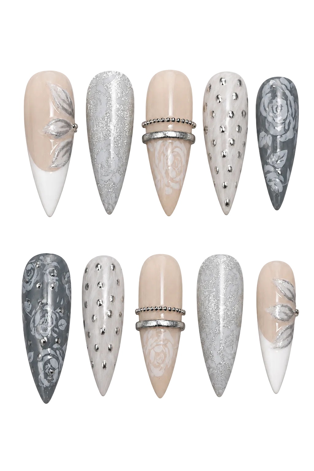 Silver Bloom Garden handmade gel press-on nails with silver floral design