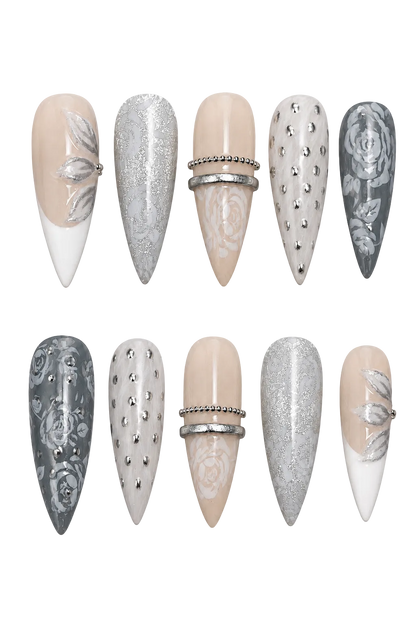 Silver Bloom Garden handmade gel press-on nails with silver floral design