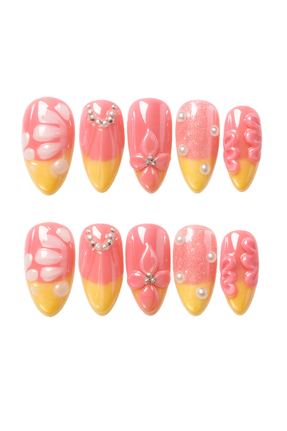 Sunset Bloom 3D floral reusable press-on nails with flower design