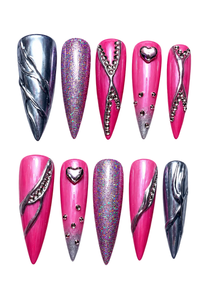 Pink Chrome Rebel reflective pink chrome reusable press-on nails