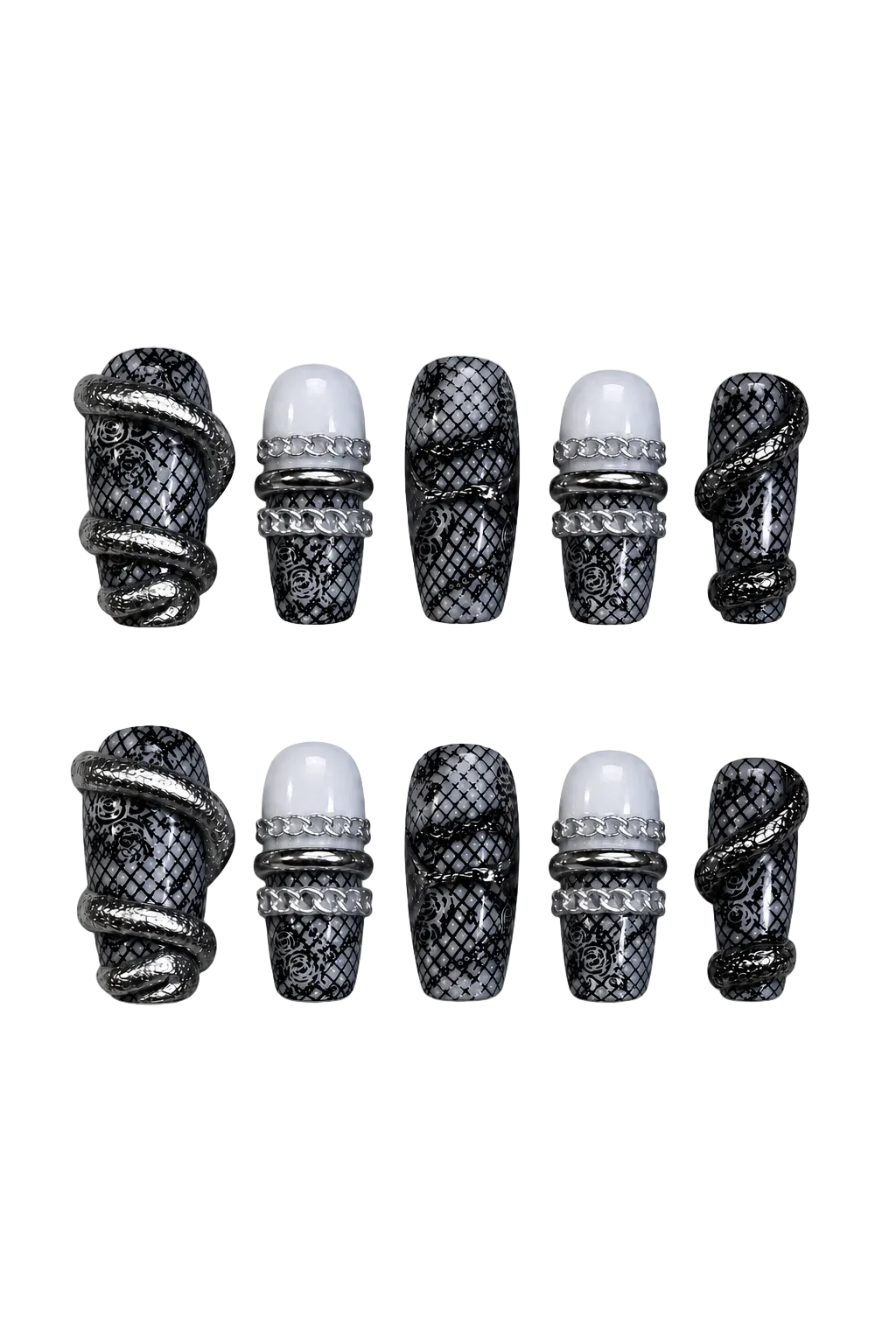 VENOM LACE pearl-white and smoky silver press-on nails with black lace - set view 4