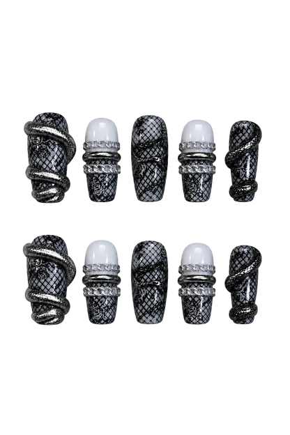 VENOM LACE pearl-white and smoky silver press-on nails with black lace - set view 4