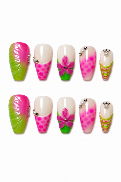 Tropical Bloom colorful floral reusable press-on nails