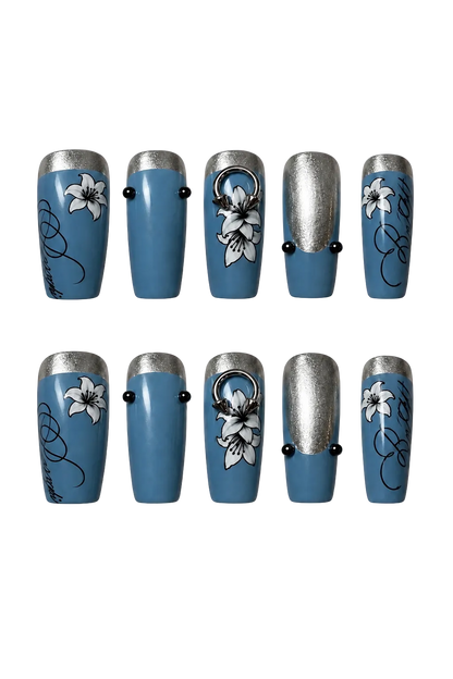 STEEL LILY steel blue floral design reusable gel press-on nails - image 2 of 9