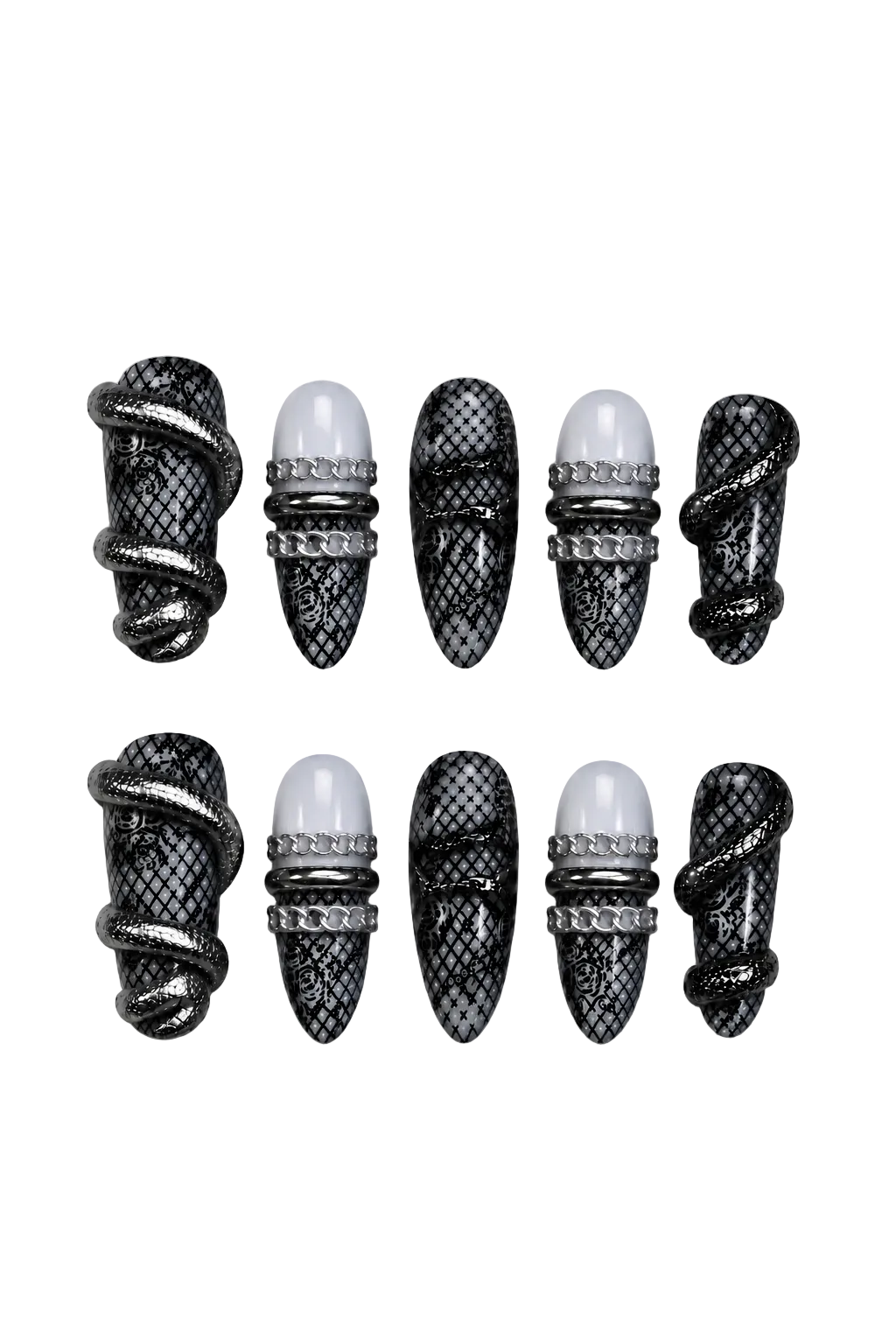 VENOM LACE reusable gel press-on nails with silver rings and rose motifs - set view 5