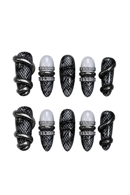 VENOM LACE reusable gel press-on nails with silver rings and rose motifs - set view 5