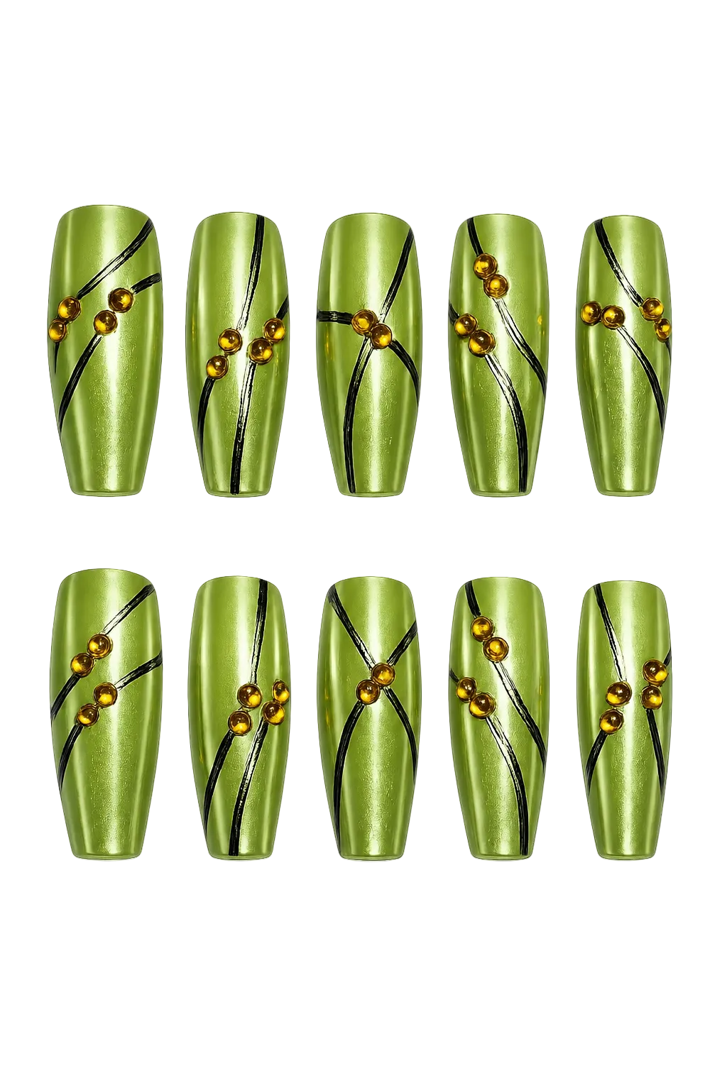 SOLAR PULSE - lime green chrome nails with black flowing lines and amber 3D bead accents, product image 6 of 9