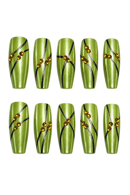SOLAR PULSE - lime green chrome nails with black flowing lines and amber 3D bead accents, product image 6 of 9
