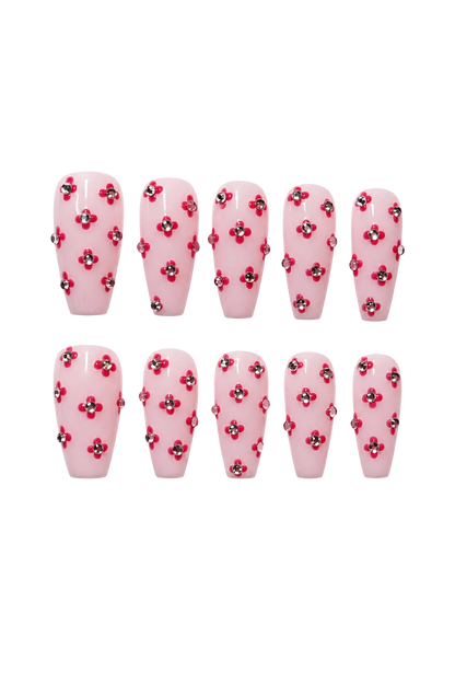 Rosy Crystal elegant soft pink glitter handmade reusable press-on nails