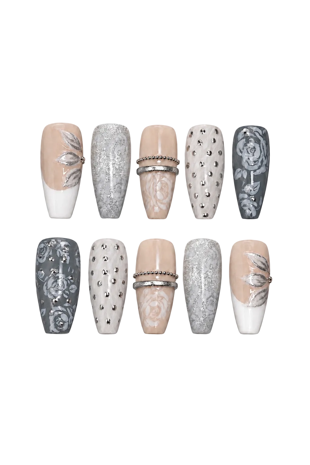 Silver Bloom Garden handmade gel press-on nails with silver floral design