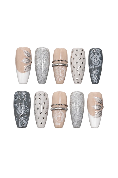 Silver Bloom Garden handmade gel press-on nails with silver floral design