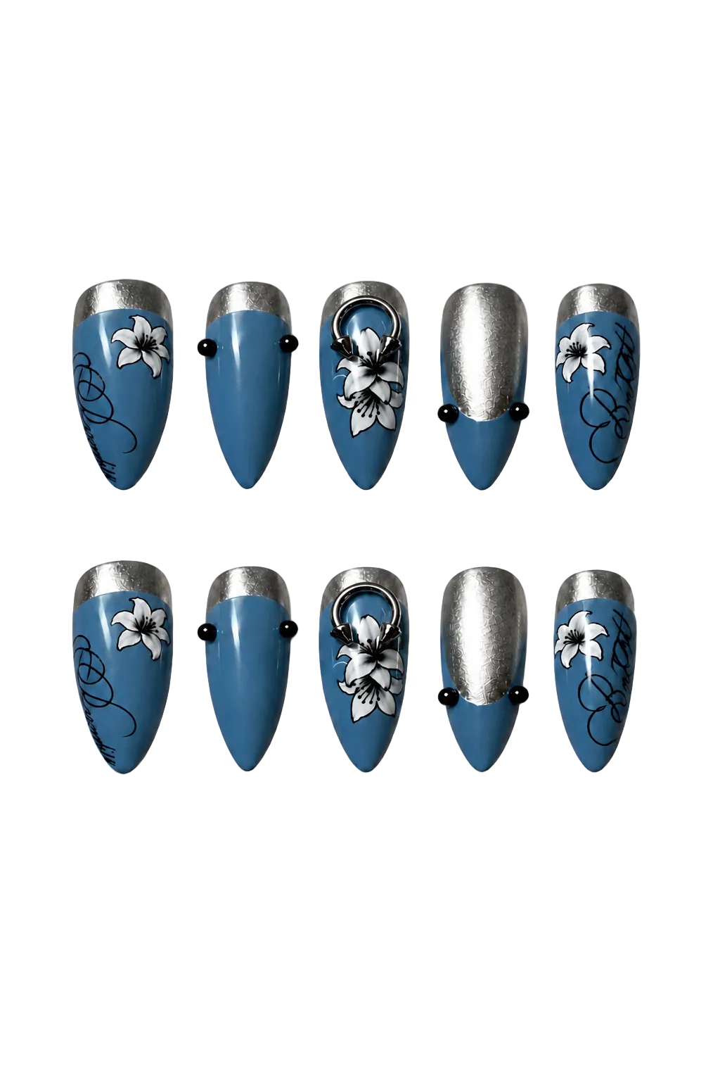 STEEL LILY steel blue floral design reusable gel press-on nails - image 4 of 9