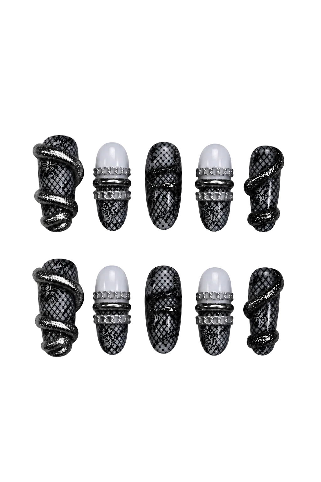 VENOM LACE black lace and silver snake statement nails by Noria Nails - set view 6