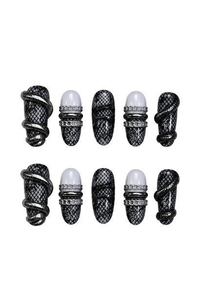 VENOM LACE black lace and silver snake statement nails by Noria Nails - set view 6
