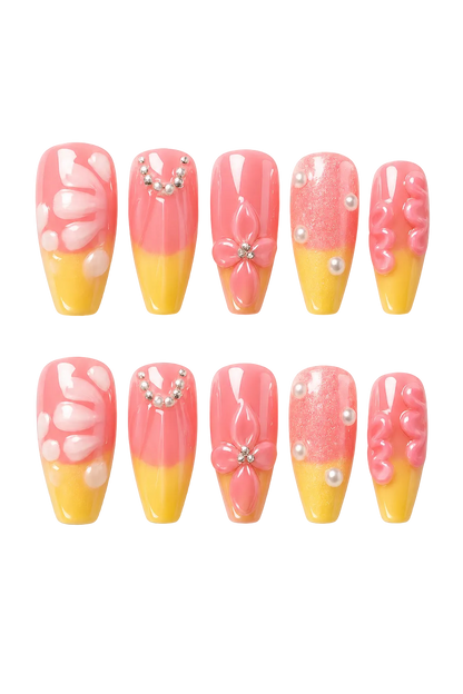 Sunset Bloom 3D floral reusable press-on nails with flower design