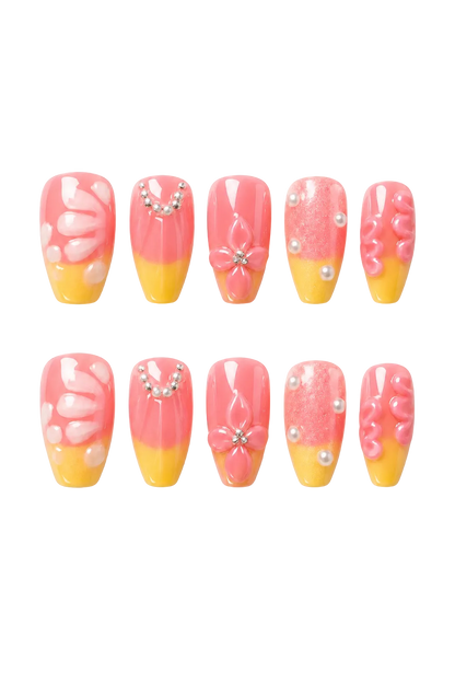Sunset Bloom 3D floral reusable press-on nails with flower design