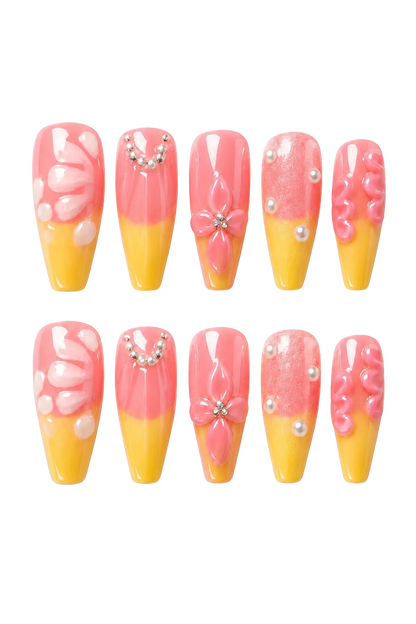 Sunset Bloom 3D floral reusable press-on nails with flower design