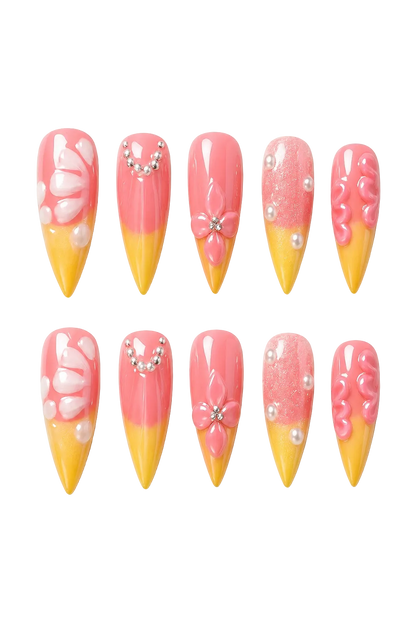 Sunset Bloom 3D floral reusable press-on nails with flower design