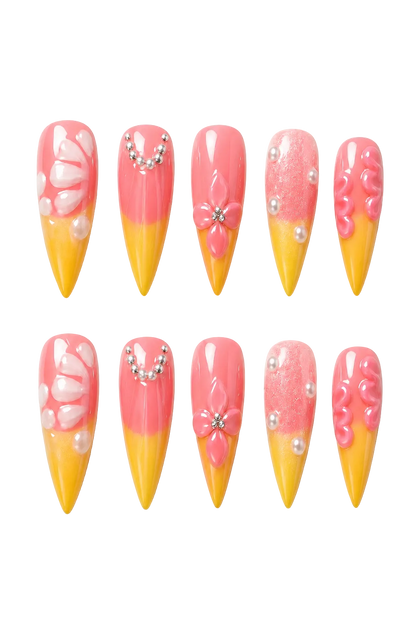 Sunset Bloom 3D floral reusable press-on nails with flower design