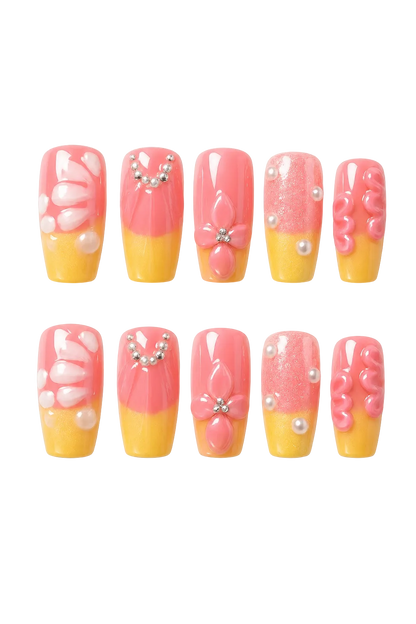 Sunset Bloom 3D floral reusable press-on nails with flower design