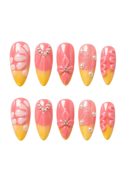 Sunset Bloom 3D floral reusable press-on nails with flower design
